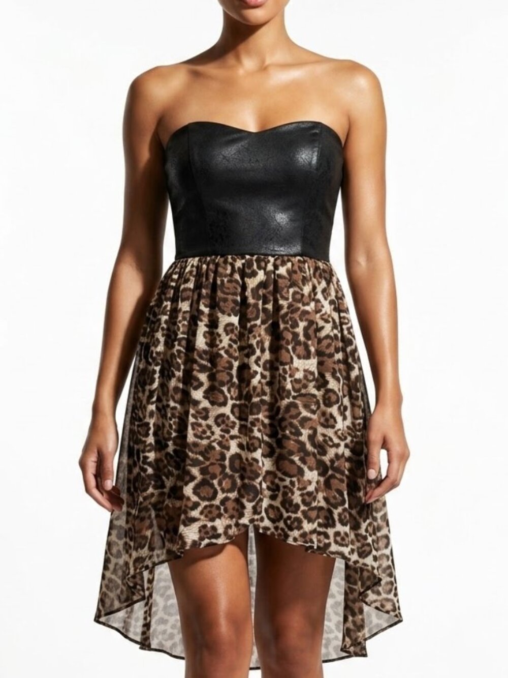 Paper Doll Whimsigoth Leopard High-Low Dress Strapless Black Faux Leather Size 5